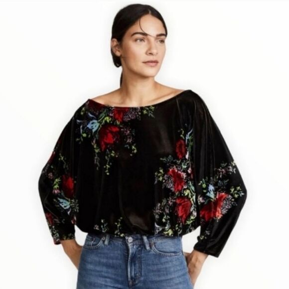 Free People Intimately Large Babe Slouchy Black Velvet Floral Blouson Bodysuit - Picture 9 of 15